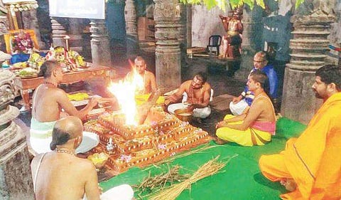 Vedic sholars and priests performing ‘Sudarsana Narasimha Homam’ for the successful completion of Polavaram project at Simhachalam Devasthanam on Saturday | Express