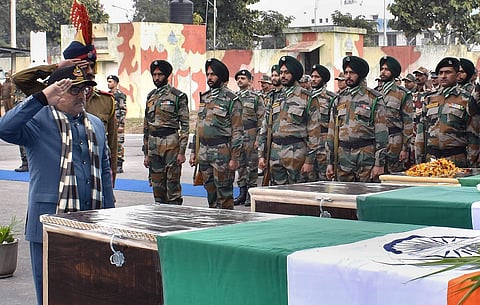 Jammu Jammu Kashmir Deputy Chief Minister Nirmal Singh paying homage to the slain Army Major and soldiers during a wreath laying ceremony in Jammu on Sunday. | PTI