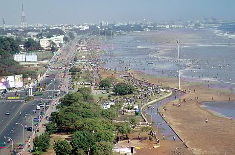 A bird's view of marina just as the water level rose and began engulfing the region on sunday due to Tsunami. (Express Photo | R Ravindran)