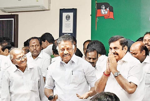 Chief Minister Edappadi Palaniswami and Deputy Chief Minister O Panneerselvam after a party meeting at the AIADMK headquarters in Chennai on Monday | P Jawahar