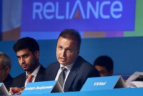 Reliance Group Chairman Anil Ambani with his son Anmol addresses the Annual General Meeting of Reliance Capital in Mumbai on September 26. (Photo | PTI)