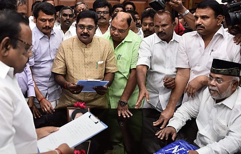 Dinakaran, who fought as an Independent and secured a huge victory in the constituency that was held by the late Jayalalithaa, took oath as member of the Assembly before Speaker P. Dhanapal. (PTI Photo)