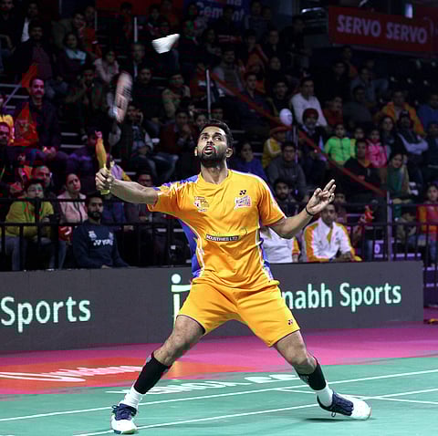 Ahmedabad player HS Prannoy returns a shot of Hyderabad's B Sai Praneeth during the men's singles contest | PTI