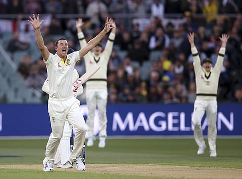 Australia's Josh Hazlewood, left, appeals for a LBW decision against England during the second day of their Ashes Test match in Adelaide, Sunday, Dec. 3, 2017. | AP