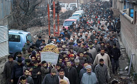 People carrying the body of CRPF constable Sharif ud Din Ganaie during his funeral procession. (Photo | PTI)