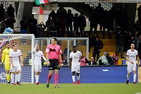 AC Milan's players leave the pitch at the end of the Italian Serie A soccer match between Benevento and AC Milan in Benevento, Italy, Sunday, Dec. 3, 2017. | AP