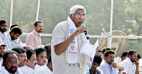 Kodandaram speaking during the meet at Saroornagar stadium |express photo
