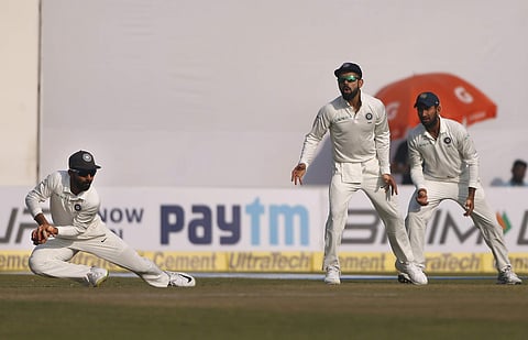 From left - Ajinkya Rahane, Virat Kohli and Cheteshwar Pujara at slip postions against Sri Lanka | AP