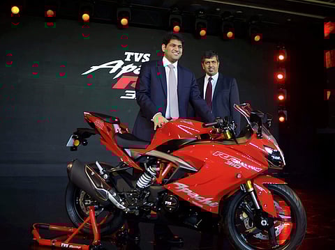 Joint Managing Director TVS Motor Company Sudarshan Venu along with company President and Chief Executive Officer KN Radhakrishnan at the launch of new motorcycle the Apache RR310 CC at an event in Chennai. | PTI