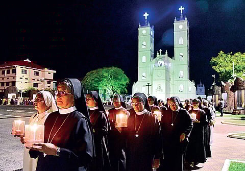Nuns attending a candlelight procession for the victims of cyclone Ockhi at the National Shrine Basilica of Our Lady of Ransom, Vallarpadam in Kochi on Wednesday | ALBIN MATHEW