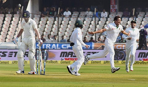 Bangladeshi cricketers celebrate the wicket of Indian opener KL Rahul during the lone test match at the Rajiv Gandhi International Stadium in Hyderabad Deccan on Thursday. | PTI