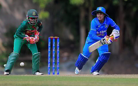 India's Mithali Raj plays a shot as Bagladeshi wicketkeeper Nigar Sultana Joty watches during their ICC Women's World Cup Qualifier one-day international cricket match in Colombo Sri Lanka Friday Feb. 17 2017. | AP