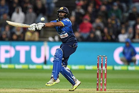 Asela Gunaratne of Sri Lanka hits a shot during the second Twenty20 cricket match between Australia and Sri Lanka at Kardinia Park in Geelong. | AFP
