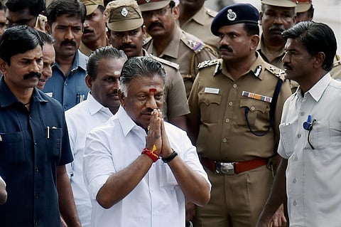 Former Chief Minister O Panneerselvam along with his supporting MLAs after the vote of confidence motion moved by chief minister Idappadi K Palanisamy went about under tumultous circumstances in the House at State Secretariat in Chennai on Saturday. | PTI