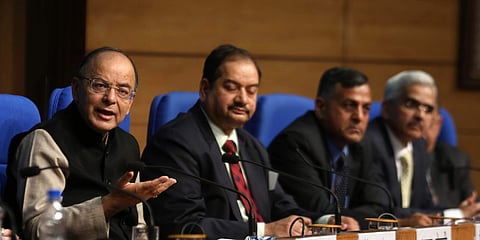 Union Finance minister Arun jaitley, Chief Economic Adviser Dr. Arvind Subramanian, MOS Finance Santosh gangwar, Arjun Ram Meghwal and Finance secretary Ashok Lavasa after a Post-Budget Press Conference in New Delhi on Wednesday. (Shekhar Yadav | EPS)