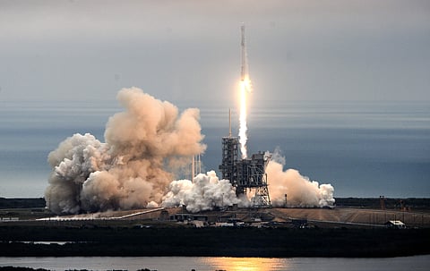 The SpaceX Falcon rocket launches from the Kennedy Space Center in Florida on Sunday, Feb. 19, 2017, carrying a load of supplies for the International Space Station. | AP