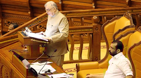 Governor P Sathasivam delivering the policy address to mark the beginning of the fourth session of the 14th Kerala Assembly. Speaker P Sreeramakrishnan looks on | kaviyoor santhosh