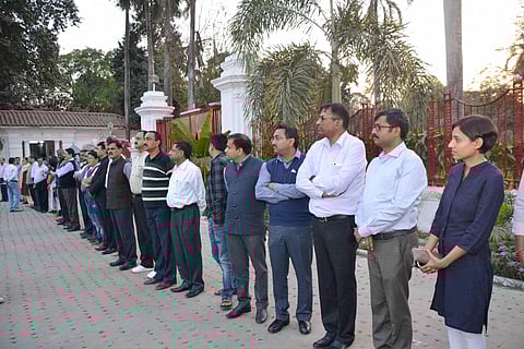 IAS officers stage a silent protest outside the Bihar Governor's House against the arrest of BSSC Chairman and their senior colleague Sudhir Kumar in the multi-crore job scam in Patna on Sunday. (PTI)