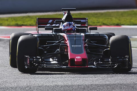 In this picture taken on Saturday Feb. 25 2017, The new Haas VF-17 was test driven at the Montmelo racetrack in Barcelona, Spain. American team Haas has introduced its new car for its second season in Formula One. The VF-17 car was unveiled on the team's