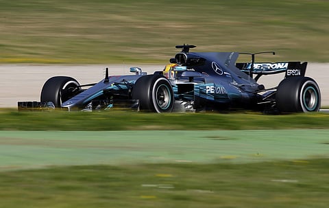 Mercedes driver Lewis Hamilton of Britain steers his car during a Formula One pre-season testing session at the Catalunya racetrack in Montmelo, outside Barcelona, Spain, Monday, Feb. 27, 2017. | AP
