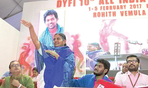 Rohith Vemula’s mother Radhika Vemula addressing a gathering at the DYFI all-India conference in Kochi on Saturday | K shijith