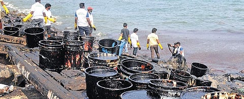 College students help clean the coast after the Ennore oil spill, in Ernavur, Chennai, on Saturday | D Sampathkumar