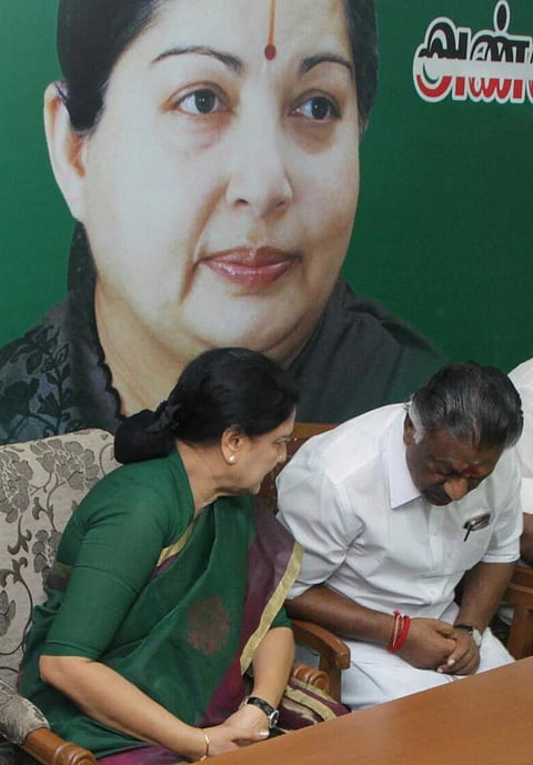 V K Sasikala with former chief minister O Panneerselvam at the AIADMK office on Sunday. (EPS | Ashwin Prasath)