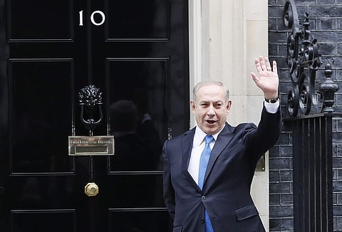 Prime Minister Benjamin Netanyahu of Israel waves to the media as he arrives to meet Britain's Prime Minister Theresa May at Downing Street in London, Monday, Feb. 6, 2017. (Photo | AP)