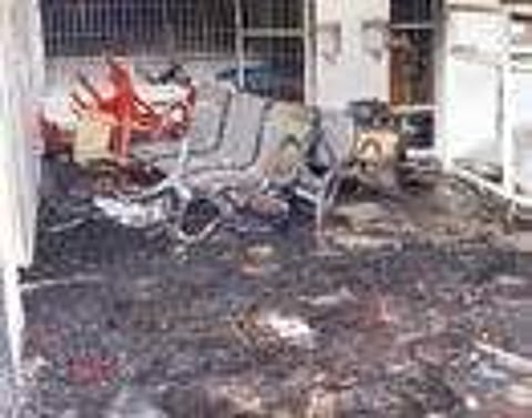 A scene from the police station in Lakshmeshwara that was set ablaze