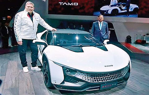 Tata Motors chief executive officer Guenter Butschek (left) and Tata Sons chairman N Chandrasekaran with the Tamo Racemo sportscar in Geneva | PTI