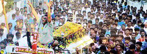 People taking out the funeral procession of T K Britjo, allegedly shot dead by SL Navy, in Ramanathapuram on Monday | express