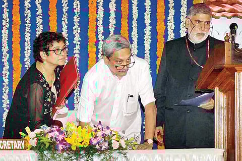 Former Defence Minister Manohar Parrikar (centre) after being sworn in as the Chief Minister of Goa, at a ceremony in Panaji on Tuesday | PTI