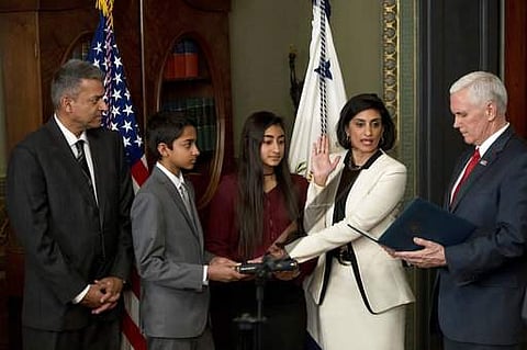 Vice President Mike Pence administers the oath of office to Seema Verma, Administrator of the Centers for Medicare and Medicaid Services. (AP)
