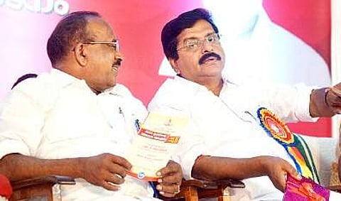 Food and Civil Supplies Minister P Thilothaman having a word with V S Sivakumar MLA at the World Consumer Rights Day observance state-level inauguration in Thiruvananthapuram on Wednesday | Manu R Mavelil