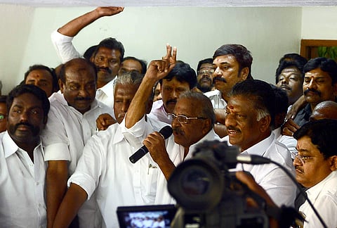 Former AIADMK minister E Madhusudanan (holding the mike) | EPS