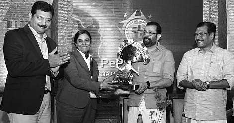 South Zone ADGP B Sandhya handing over a memento to Speaker P Sreeramakrishnan at the national meet on community policing in T’Puram on Friday. DIG Shefeen Ahammed K and A Sampath MP are also seen | Express