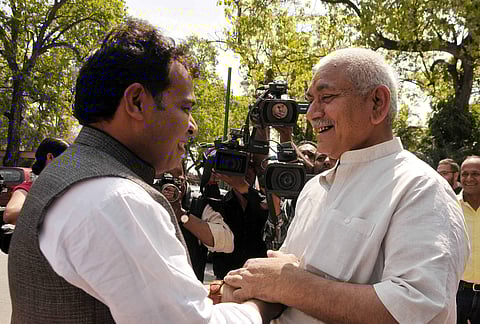 Union Minister Manoj Sinha(right) being greeted on his visit to parliament.(File |PTI)