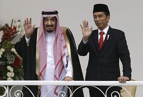 Saudi King Salman, left, and Indonesian President Joko Widodo wave to the media during their meeting at the presidential palace in Bogor, West Java, Indonesia, Wednesday, March 1, 2017. (Photo | AP)