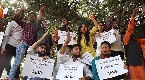 ABVP students shouting slogans during their protest against delhi police, at Police HQ in New Delhi. (Shekhar Yadav | EPS)