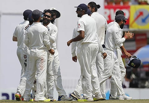 Ravindar Jadeja celebrates the dismissal of Australia's captain Steven Smith during the fifth day of their third test cricket match in Ranchi on Monday. (Photo | AP)