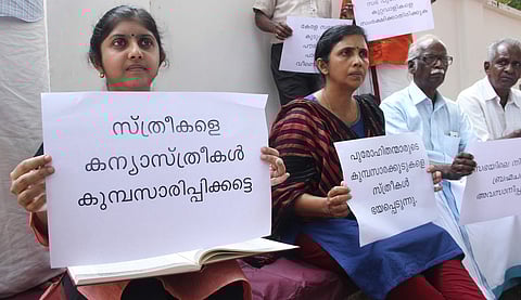 Indulekha Joseph staging a dharna in front of Major Archbishop's House at Marine Drive in Kochi, with the support of the Kerala Catholic Reformation Movement, on Sunday | Melton Antony