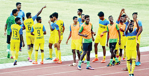 Goa players applaud the crowd after their victory against Services in the Santosh Trophy in Panaji on Monday, a result that sent them to the semis | vishnu prasad