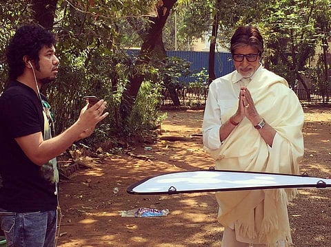 Papon and Amitabh Bachchan while shooting for the song for river Brahmaputra. (Photo | Facebook)