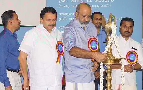 Water Resources Minister Mathew T Thomas inagurating World Water Day celebrations organised by Jalanidhi in Thiruvananthapuram on Wednesday. K Muraleedharan MLA and Mayor V K Prasanth are also seen| Express