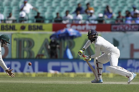 India's Ravindra Jadeja plays shot on the third day of their fourth test cricket match against Australia in Dharmsala, India, Monday, March 27, 2017. | AP