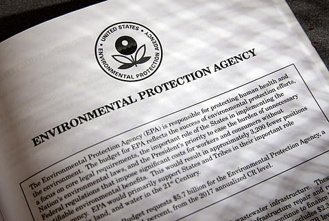In this March 16, 2017, file photo, proposals for the Environmental Protection Agency (EPA) in President Donald Trump's first budget are displayed at the Government Printing Office in Washington.| AP