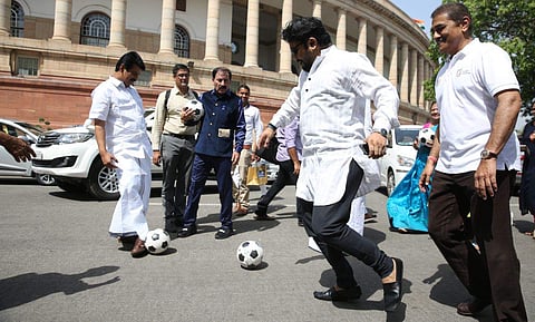Prasun Banerjee and other MP's play football outside the parliament in New Delhi. (Photo : Shekhar Yadav | EPS)