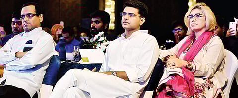 Congress leader Sachin Pilot, and chair of the session Preeti Sinha, at the venue of the ThinkEdu Conclave in the city on Friday | ASHWIN PRASATH