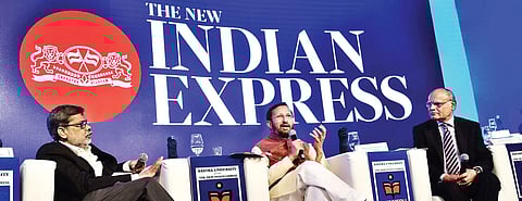 Union HRD Minister Prakash Javadekar speaks at the inaugural function of ThinkEdu Conclave in Chennai on Friday. (From L) The New Indian Express Editor G S Vasu and Editorial Director Prabhu Chawla | P Jawahar