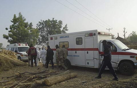 Emergency workers and security forces at the site of a suicide bomb attack at the outskirts of Maiduguri, Nigeria, Friday, Feb. 17, 2017. (Photo | AP)